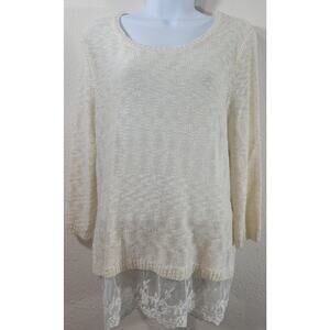 Dressbarn Cream Beige Loose Knit Layered Lace Hem Top 1X Plus Lightweight Soft